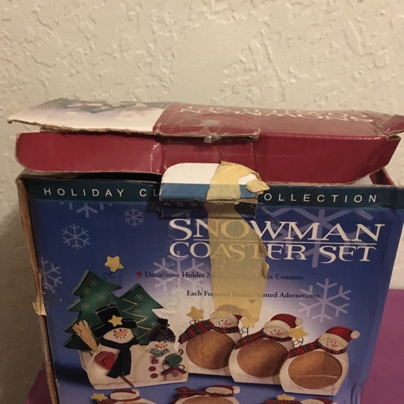 SNOWMAN COASTER SET 6 Wooden Cork Coasters Holder w/fabric scarfs, hats & bows - Picture 8 of 10